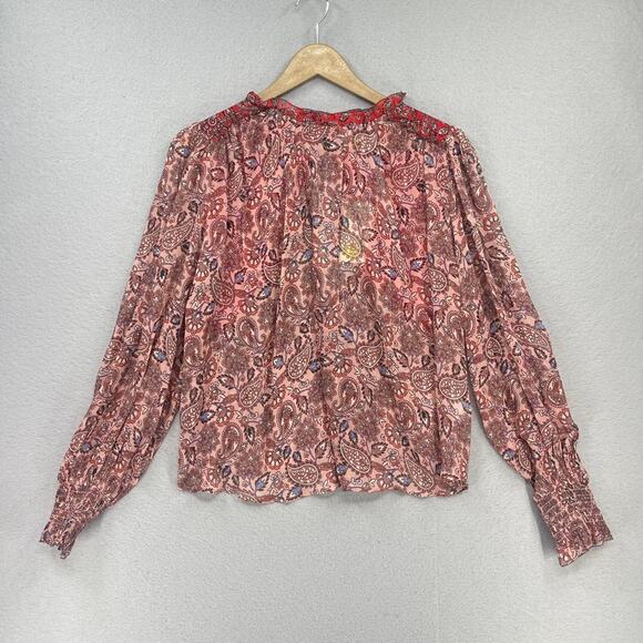 Boden Top Blouse Womens 10 Red Paisley Floral Ruffle Open Back Swing Feminine - Picture 2 of 16